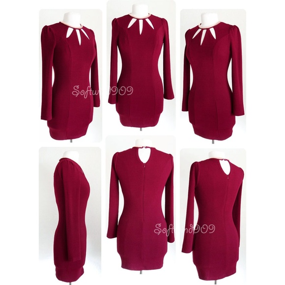 Burgundy Gold Chain High Neck Cutout Bodycon Dress - Picture 7 of 8